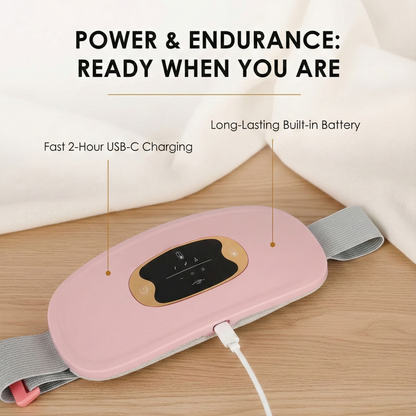 Pink device with a strap on a wooden surface, featuring text about power and endurance.menstrual pad ,pain relief device